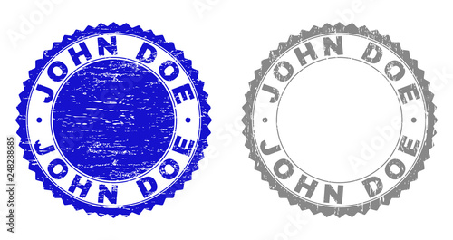 Grunge JOHN DOE stamp seals isolated on a white background. Rosette seals with grunge texture in blue and grey colors. Vector rubber stamp imitation of JOHN DOE label inside round rosette.