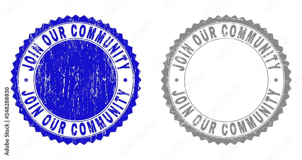 Grunge JOIN OUR COMMUNITY stamp seals isolated on a white background. Rosette seals with grunge texture in blue and grey colors. Grunge JOIN OUR COMMUNITY stamp seals isolated on a white background. Rosette seals with grunge texture in blue and grey colors.