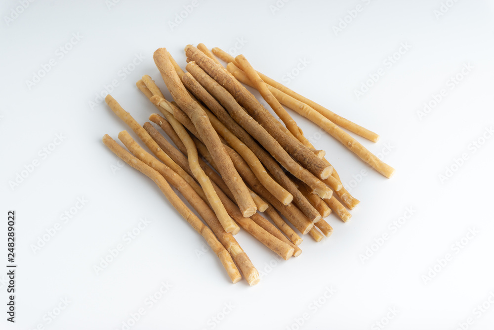 Natural toothbrush Miswak (Kayu Sugi) on white background with selective focus. It is a teeth cleaning twig made from the Salvadora persica tree and also know as miswaak, siwak, Sugi or sewak