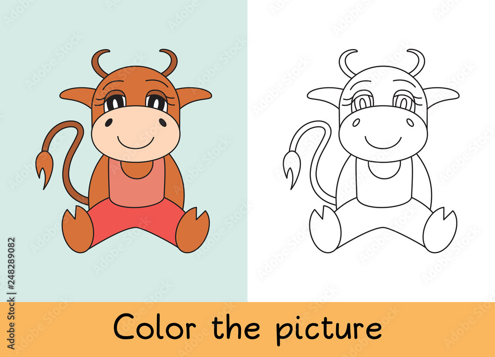Coloring book. Ox, bull, cow and calf. Cartoon animall. Kids game. Color  picture. Learning by playing. Task for children Stock Vector | Adobe Stock