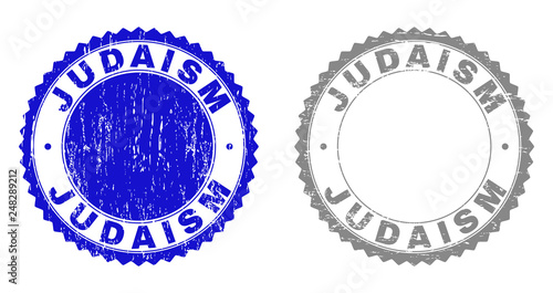 Grunge JUDAISM stamp seals isolated on a white background. Rosette seals with grunge texture in blue and grey colors. Vector rubber stamp imitation of JUDAISM title inside round rosette.