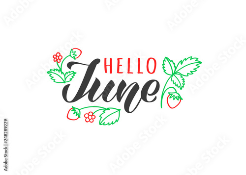 Hello june hand drawn lettering card with doodle leaves and strawberries. Inspirational summer quote. Motivational print for invitation  or greeting cards, brochures, poster, t-shirts, mugs.