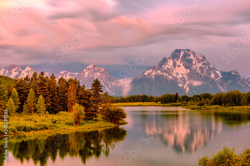 Mountains in Grand Teton National Park at sunrise. Oxbow Bend on the Snake River.