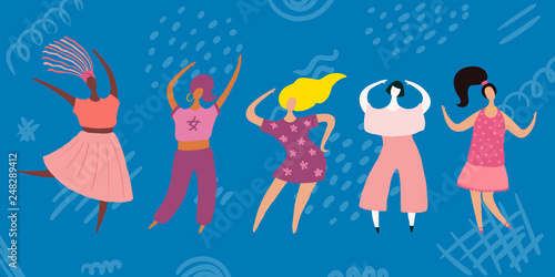 Set of happy diverse dancing women. On abstract blue background. Hand drawn vector illustration. Flat style design. Concept, element for feminism, girl power, womens day card, poster, banner.