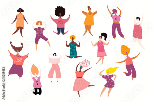 Big set of diverse dancing women. Isolated objects on white background. Hand drawn vector illustration. Flat style design. Concept, element for feminism, girl power, womens day card, poster, banner.