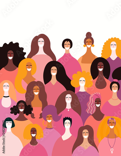 Diverse women faces background. Hand drawn vector illustration. Flat style design. Concept, element for feminism, girl power, womens day card, poster, banner.