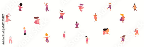 Womens day card, poster, banner, with crowd of tiny diverse women. Isolated objects on white background. Hand drawn vector illustration. Flat style design. Concept, element for feminism, girl power. © Maria Skrigan