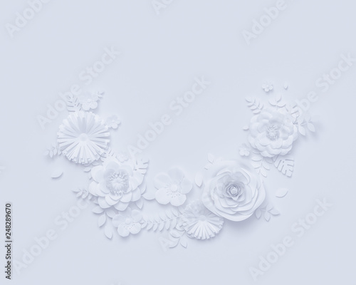 White spring background decorated with artificial paper flowers and leaves. 3d rendering