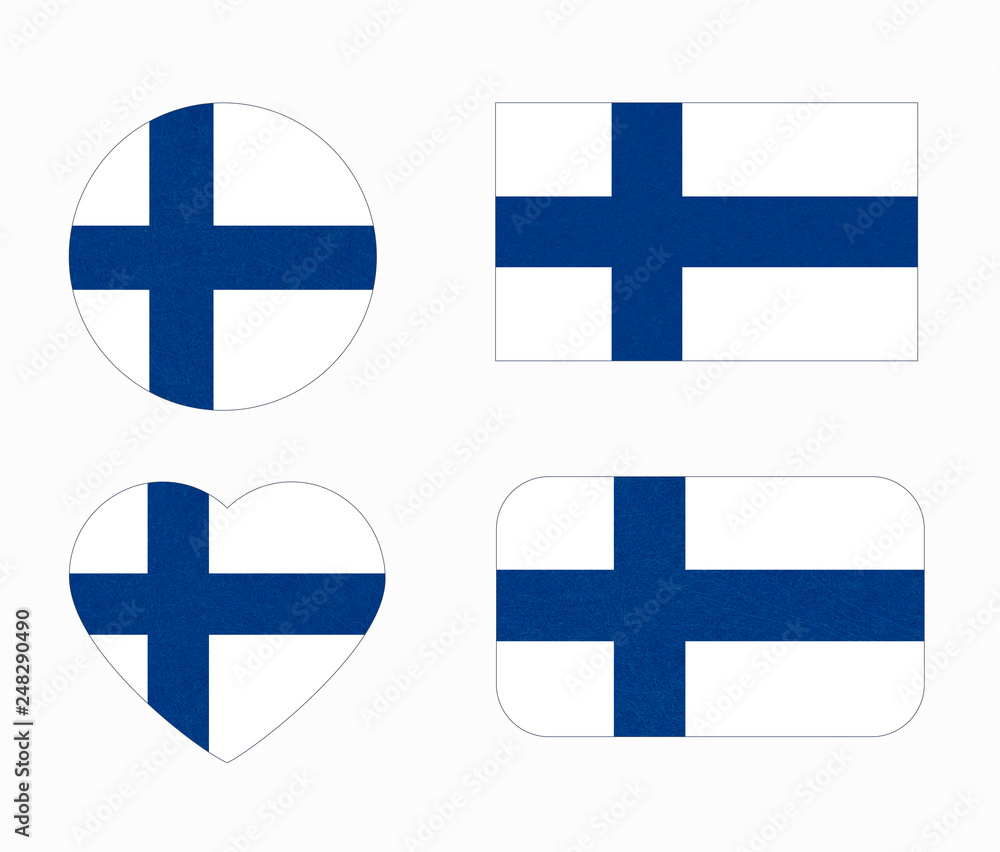 Flag of Finland in different shapes. Scandinavian northern country. Isolated Finnish banner with scratched texture, grunge. Illustration with noise, marble textured background. Horizontal. Flag of Finland in different shapes. Scandinavian northern country. Isolated Finnish banner with scratched texture, grunge. Illustration with noise, marble textured background. Horizontal.