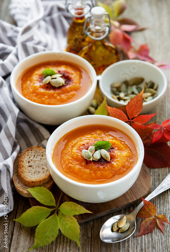Bowls of pumpkin soup