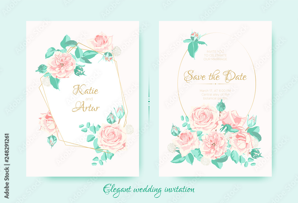 Wedding Invite with Roses Composition and Border.