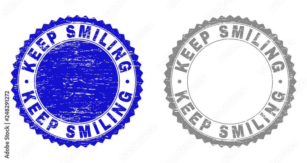 Obraz premium Grunge KEEP SMILING stamp seals isolated on a white background. Rosette seals with grunge texture in blue and grey colors. Vector rubber stamp imprint of KEEP SMILING caption inside round rosette.