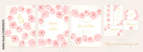 Wedding Cards Set with Delicate Pink Roses. © ingara