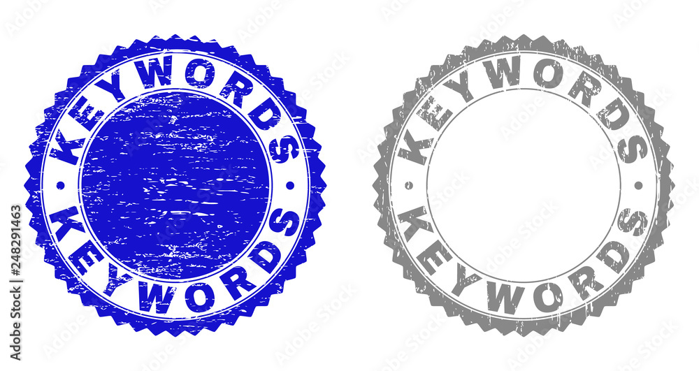 Grunge KEYWORDS stamp seals isolated on a white background. Rosette seals with grunge texture in blue and grey colors. Vector rubber stamp imprint of KEYWORDS tag inside round rosette.