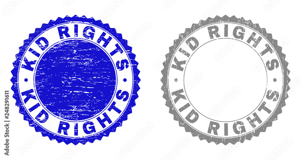 Grunge KID RIGHTS stamp seals isolated on a white background. Rosette seals with grunge texture in blue and grey colors. Vector rubber stamp imprint of KID RIGHTS label inside round rosette.