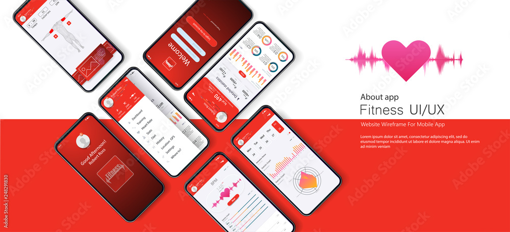 	 Different UI, UX, GUI screens fitness app and flat web icons for mobile apps, responsive website including. Web design and mobile template. Red trends design. Fitness Dashboard - stock vector - obrazy, fototapety, plakaty 