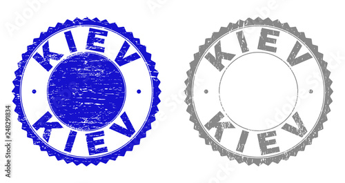 Grunge KIEV watermarks isolated on a white background. Rosette seals with grunge texture in blue and gray colors. Vector rubber stamp imitation of KIEV tag inside round rosette.
