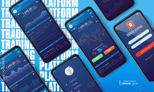Mobile app infographic template with modern design. Smartphone mock-up on blue gradient background. Mobile app design concept. Vector 