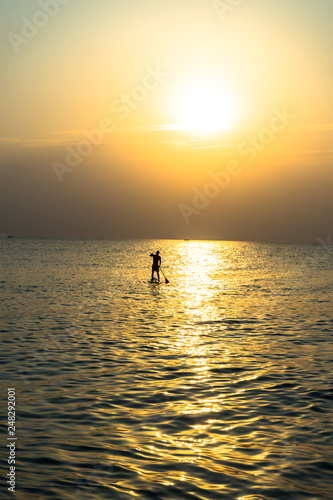 Fototapeta Naklejka Na Ścianę i Meble -  Stand up paddle board at sunset on the Phu Quoc beach Vietnam,travel concept,beach activity,Person stand up paddle boarding at dusk beautiful sunset colors