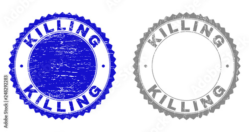Grunge KILLING stamp seals isolated on a white background. Rosette seals with grunge texture in blue and grey colors. Vector rubber overlay of KILLING label inside round rosette.