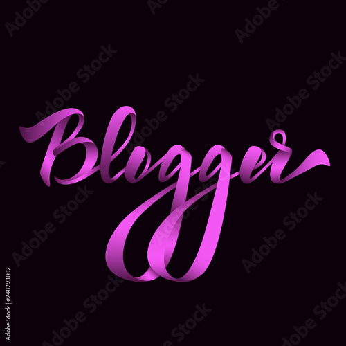 Blogger - hand lettering on vaporwave/ synthwave style. Black background. Handwritten inscription for label, emblem, page,t-shirt,poster, sale,blogger aso. Vector Illustration.