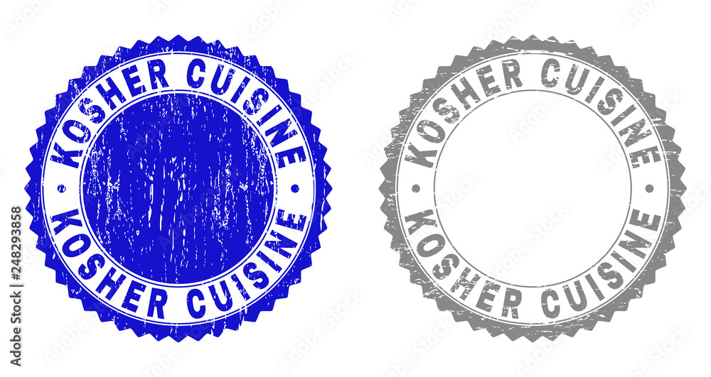 Grunge KOSHER CUISINE stamp seals isolated on a white background. Rosette seals with grunge texture in blue and grey colors. Vector rubber watermark of KOSHER CUISINE label inside round rosette.