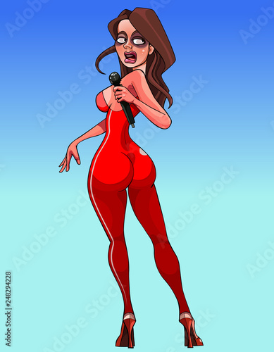 cartoon funny woman singing with microphone in hand