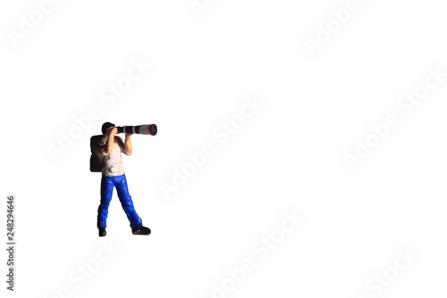 Mini Figure toy photographer take a photo, standing isolated on white