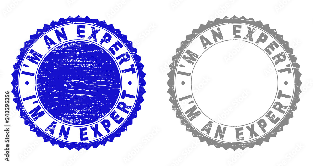 Grunge I'M AN EXPERT stamp seals isolated on a white background. Rosette seals with grunge texture in blue and grey colors. Vector rubber watermark of I'M AN EXPERT text inside round rosette. Grunge I'M AN EXPERT stamp seals isolated on a white background. Rosette seals with grunge texture in blue and grey colors. Vector rubber watermark of I'M AN EXPERT text inside round rosette.