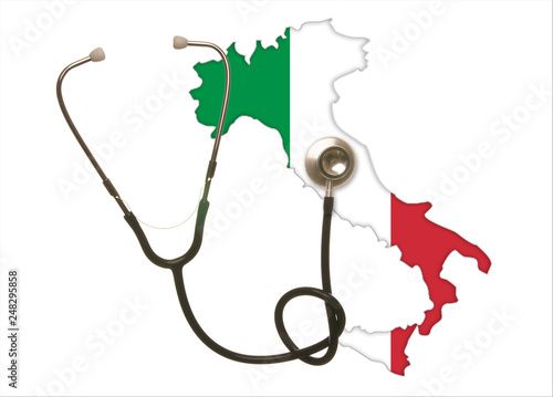 Stethoscope auscultates the Italy. Diagnosis concept country. Isolated on white background With copy space text. Shooting in studio.