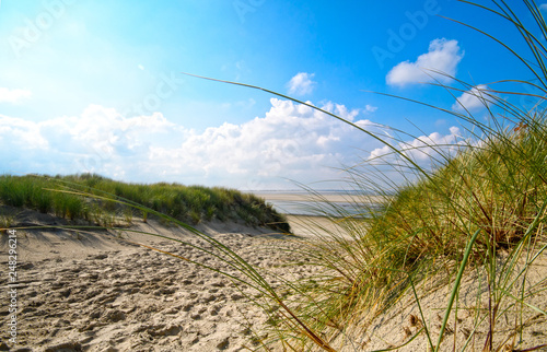 Obraz na płótnie Dune beach on the North Sea island Langeoog in Germany with clouds on a beautiful summer day, holidays in Europe w salonie