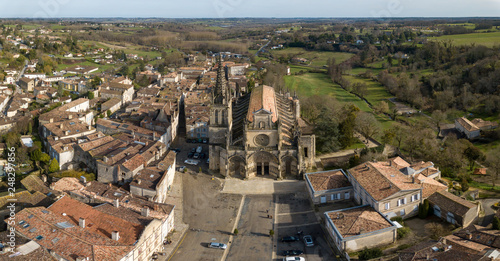 Aerial view, Cathedral of Bazas, Gironde, Aquitaine, film by drone