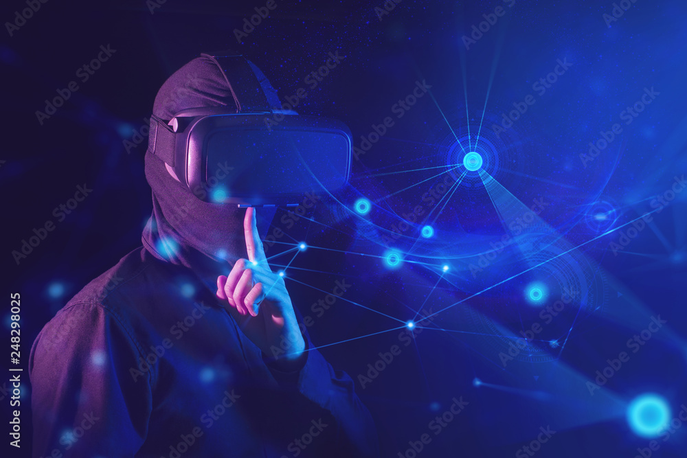 hacker bad guy with virtual reality glass and digital security internet network concept hacker bad guy with virtual reality glass and digital security internet network concept