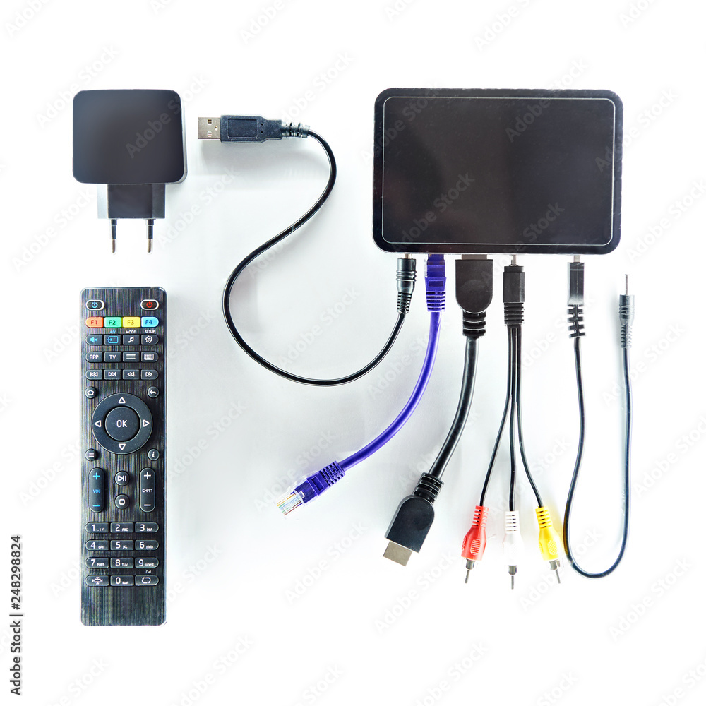 Remote control TV and wire connectors isolated Remote control TV and wire connectors isolated