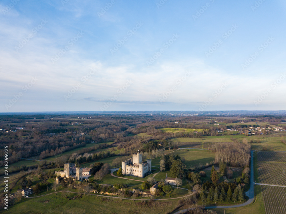 Aerial view, Roquetaillade Castle film by drone, South-western France