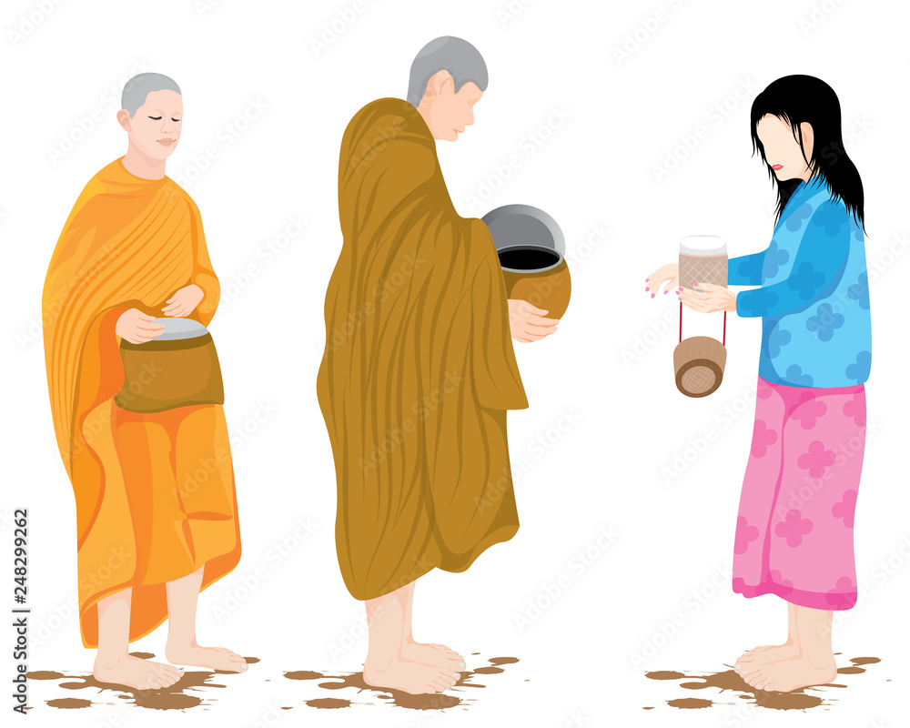 Fototapeta premium the monk receive food from woman vector design