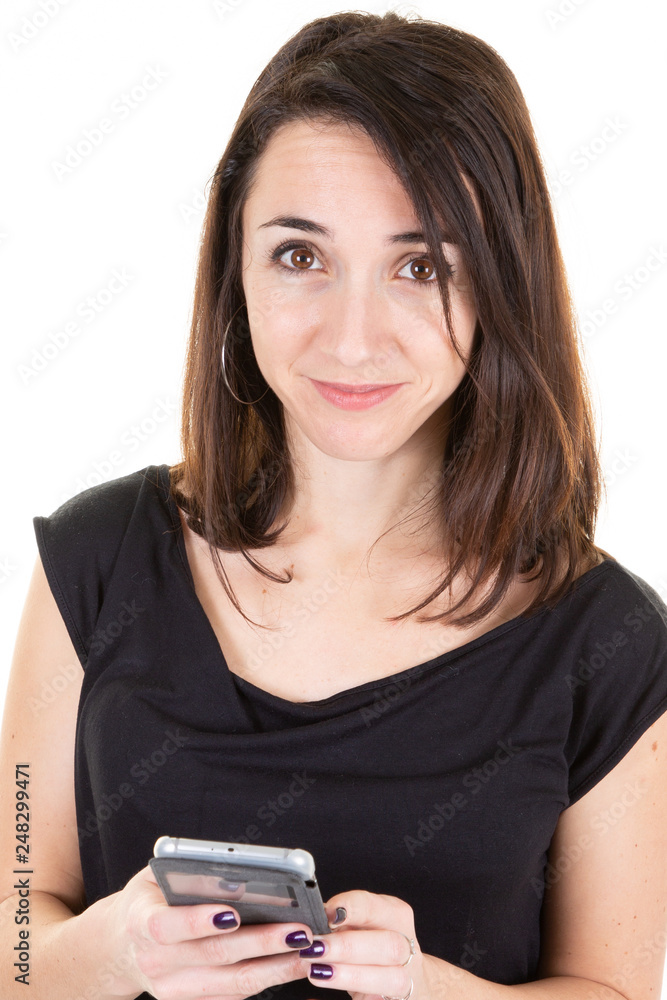 woman pretty hold smartphone texting with mobile phone woman pretty hold smartphone texting with mobile phone