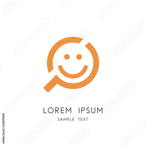 Search for happiness logo - smiling face and loupe or magnifier symbol. Good mood and positive emotions, fun and joy vector icon.