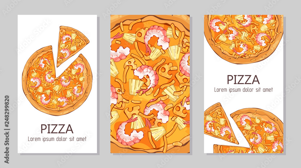 Vector colorful illustrations on the pizza theme; pizzas from different recipes. Template for advertising products. Cards for your design.