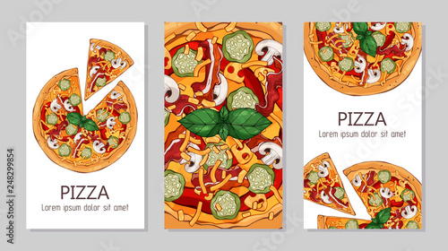 Vector colorful illustrations on the pizza theme; pizzas from different recipes. Template for advertising products. Cards for your design.