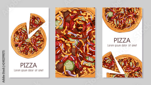 Vector colorful illustrations on the pizza theme; pizzas from different recipes. Template for advertising products. Cards for your design.
