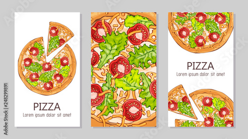 Vector colorful illustrations on the pizza theme; pizzas from different recipes. Template for advertising products. Cards for your design.