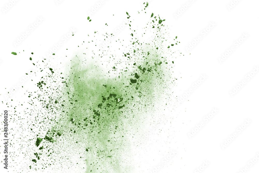 Obraz premium Green powder explosion on white background. Colored cloud. Colorful dust explode. Paint Holi.