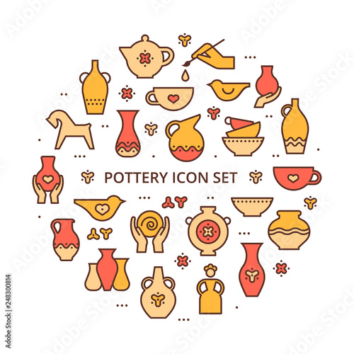 Circle template pottery workshop, ceramics classes banner illustration. Hand building, sculpturing equipment. Art shop template with place for text. Vector line icon of clay studio tools.