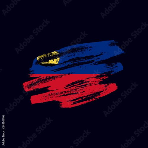 Grunge textured Liechtensteiner flag. Vector brush painted flag of Principality of Liechtenstein isolated on dark blue background. Frayed and scratched the national symbol of the European country