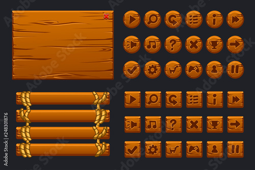 Vector game ui big kit. Template wooden menu of graphical user interface GUI and buttons to build 2D games.