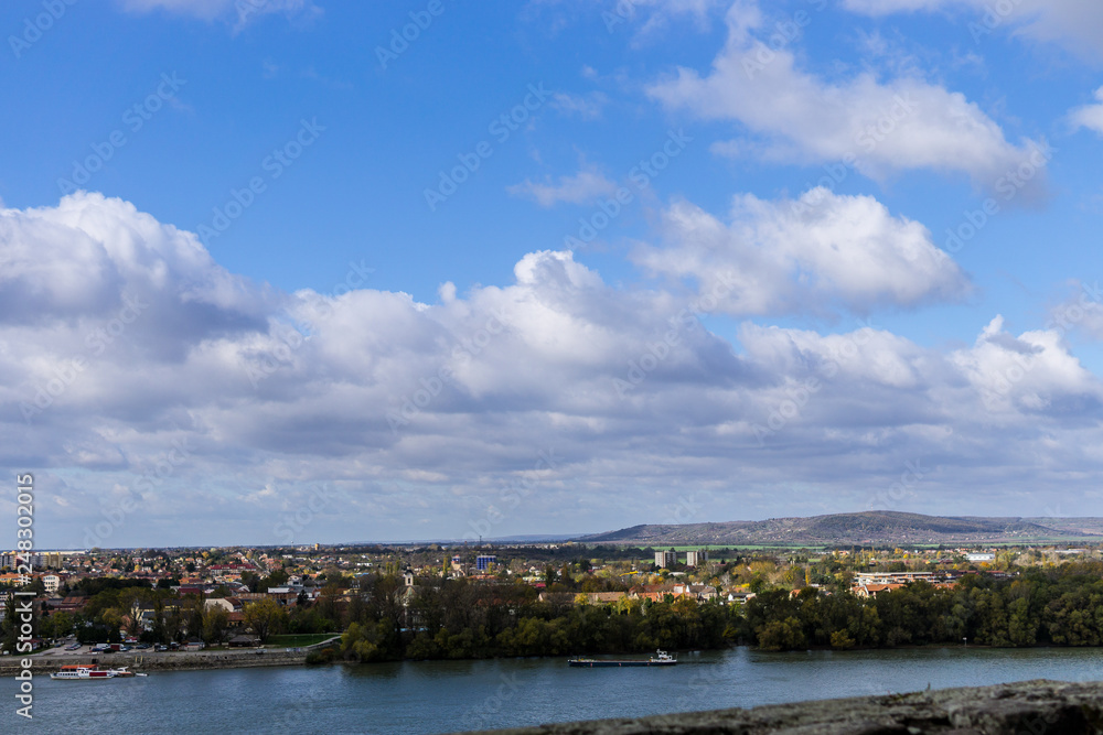 Aerial view of the Danube Band and hungarian city esztergom, slovakian city sturovo and danube river including spires of the saint ignac church