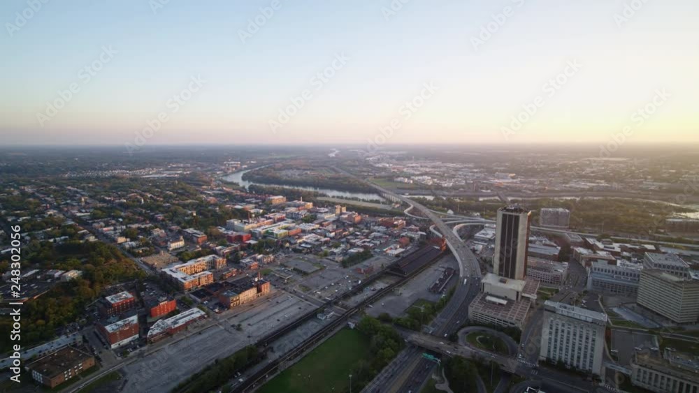 Richmond Virginia Aerial v10 Flying around & overhead expressway, turnpike traffic with cityscape sunset views 10/17 Richmond Virginia Aerial v10 Flying around & overhead expressway, turnpike traffic with cityscape sunset views 10/17