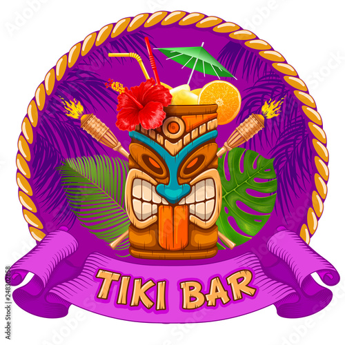 Wooden Mug With Tiki mask and signboard of bar