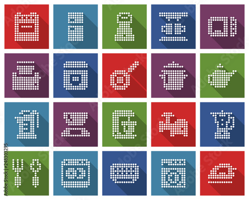 Square dotted icons set of some kitchen utensils and home appliances